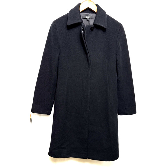 Dkny Jackets & Blazers - DKNY Long Black Wool Coat Size 6 Medium Tailored Fit Hidden Buttons Pockets